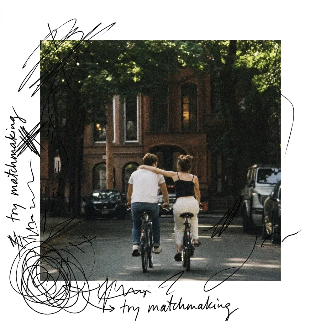 A couple riding bicycles together, surrounded by handwritten matchmaking notes