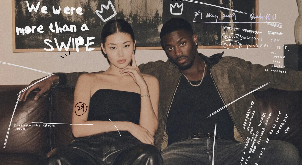 A couple on a sofa with handwritten notes about being more than a swipe